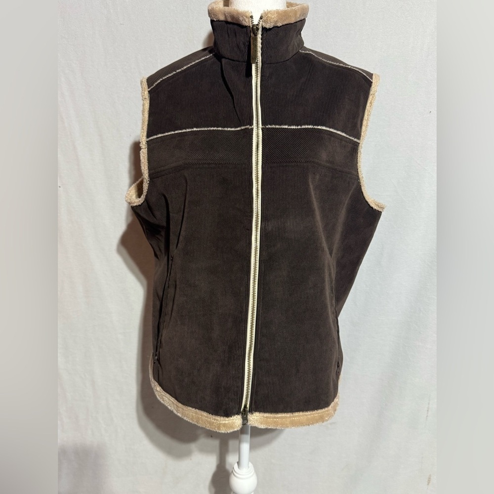 Woolrich Corduroy Vest Womens Brown Plush Lined XL Zip Up Pockets Faux Fur